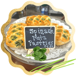 Savory pastries, spinach pastries, roasted red pepper pastries, fresh baked, local bakery